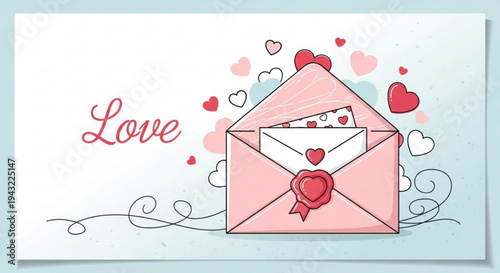 Pink envelope with hearts and love letter for romantic valentine's day or anniversary wishes and declarations of affection