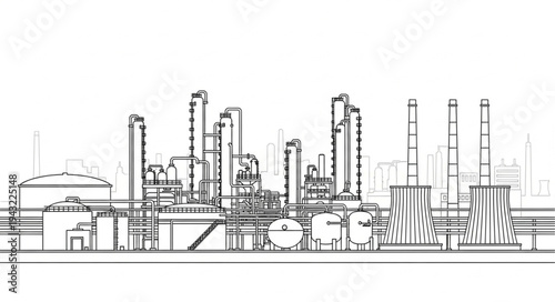 Industrial Factory Complex Line Drawing.