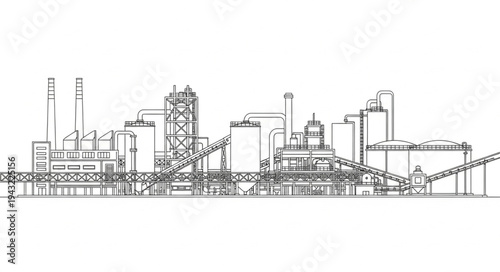 Industrial Factory Complex Line Drawing.