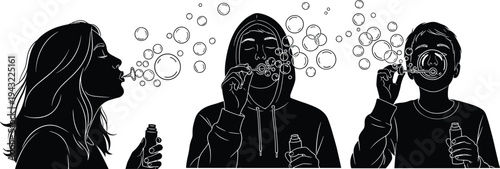 Bubble Blowing Silhouette Illustration Vector Featuring Playful Characters, Whimsical Activity Symbol, and Marketplace Success for Creative Projects