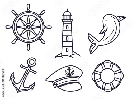 Nautical icons: ship wheel, lighthouse, dolphin, anchor, captain hat, lifebuoy - simple outline graphics for sea and travel