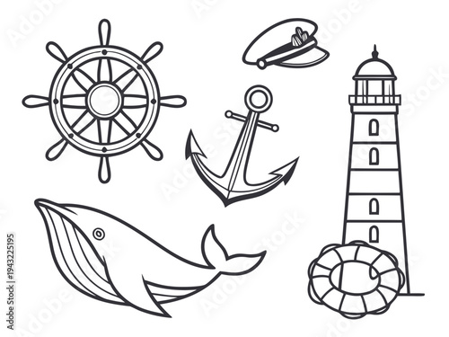 Nautical and maritime icons: ship wheel, anchor, whale, captain hat, lighthouse, lifebuoy - outline graphics for ocean adventures