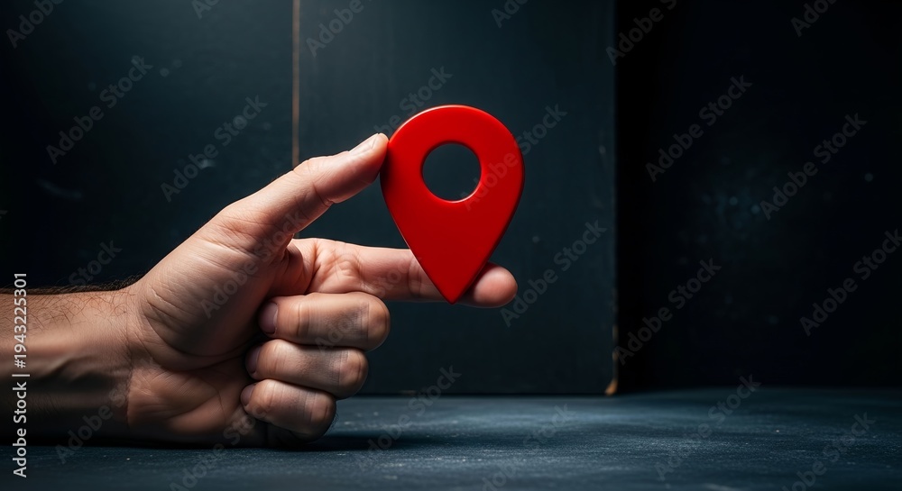 Fototapeta premium Male hand holding a bright red three dimensional map location pin icon against a dark background