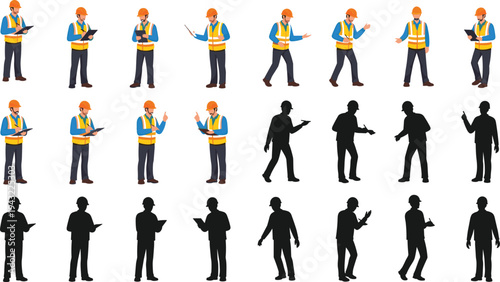  Construction engineer and worker character set with helmet and safety vest, builder poses collection with silhouette variations, industrial worker vector illustration