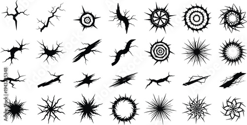 Crack and explosion impact shapes set, abstract burst, shattered hole, damage crack effects, black grunge fracture symbols vector illustration