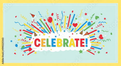 Vibrant celebration background with colorful confetti and 'celebrate' text on light blue