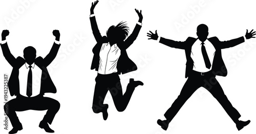 Successful business people silhouette vector set jumping and cheering in suits representing career achievement victory joy and professional teamwork isolated on white background