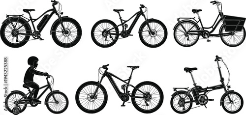 Electric bicycle collection illustration, e bike, cargo bike, folding bike, mountain bike and kids bicycle silhouettes, modern eco transport vector set