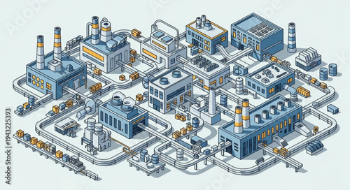 Industrial Factory Complex with Buildings and Machinery.