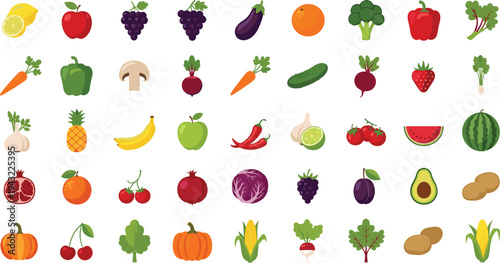 Fruits and vegetables collection healthy organic food icons set apple banana carrot tomato broccoli flat vector illustration