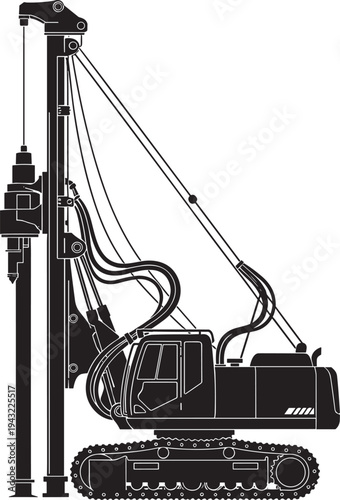 Heavy drilling rig silhouette vector, industrial piling machine for foundation work, construction equipment illustration isolated on white background for engineering and site design