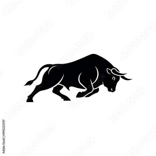 Black Bull Silhouette Charging Forward.