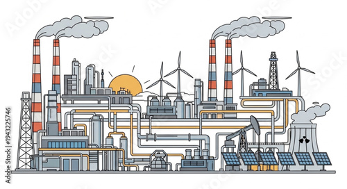 Industrial factory complex with renewable energy sources.