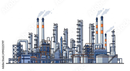 Industrial Factory Complex with Smokestacks.