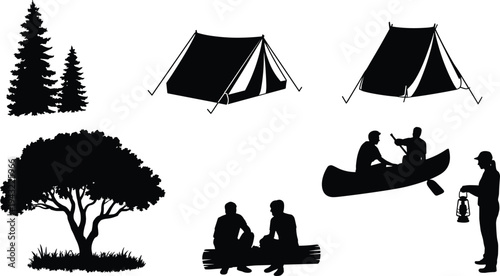 WebCamping silhouettes with tents, trees, canoe, lantern, outdoor adventure, nature activity, wilderness exploration, recreational lifestyle, forest environment, travel illustration