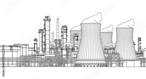 Industrial Factory Complex with Smokestacks.