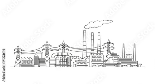 Industrial Factory Complex with Smokestacks.