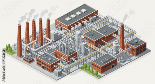 Industrial Factory Complex with Smokestacks.