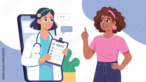 Female doctor on a mobile phone screen discusses test results with a patient