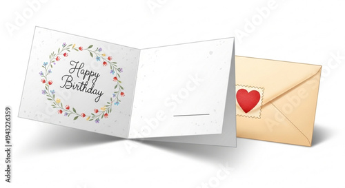 Open birthday card with floral wreath design and envelope with heart sticker on white background