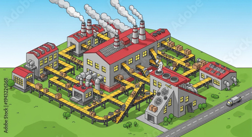 Industrial Factory Complex with Smokestacks and Pipelines.