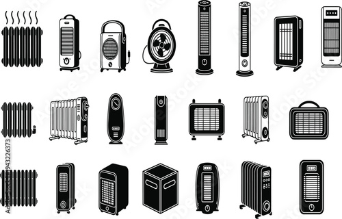 Electric heater appliance icon set vector illustration, home heating equipment collection, radiator fan heater infrared heater devices, household winter heating technology symbols