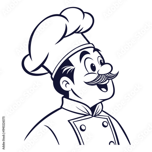 Vector illustration of smiling cartoon chef with moustache and toque hat monochrome vector illustration