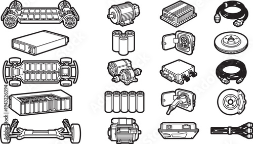 Detailed components of electric vehicles in a blueprint-style illustration, the image provides an informative look into the technology that powers the future of transportation.