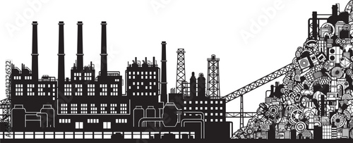 Industrial factory silhouette vector illustration with chimneys, conveyor belt, scrap heap of gears, mechanical parts, recycling, heavy industry, environmental production concept design