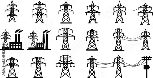 Electric power transmission tower icons set, high voltage pylons and power lines, electricity grid infrastructure, industrial energy factory, utility pole vector collection
