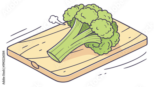 Vector illustration of fresh green broccoli head on wooden cutting board, healthy vegetable preparation