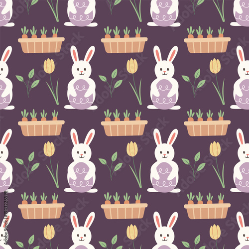 Easter pattern vector flat hand drawn style seamless background bunny tulip and carrot garden ornament textile and wrapping paper design