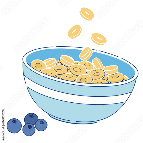 Vector illustration of healthy breakfast cereal rings in blue bowl with fresh blueberries, morning meal