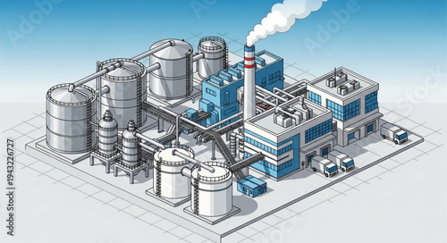 Industrial Factory Complex with Storage Tanks.
