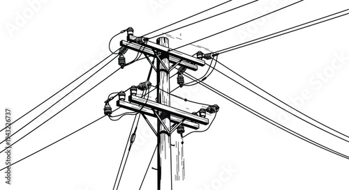 Electric utility pole with overhead power lines and ceramic insulators, electricity distribution infrastructure, high voltage cable network silhouette vector illustration