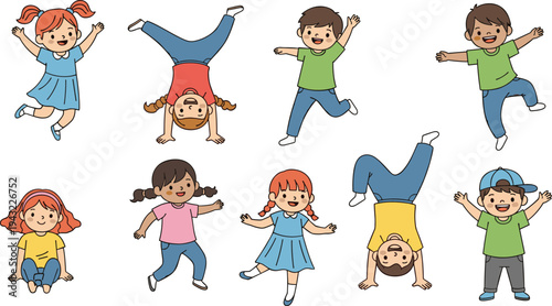 Happy jumping kids collection playful children jumping dancing and having fun cartoon flat vector illustration set isolated