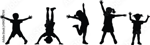 WebChildren silhouettes jumping, dancing, handstand, playful poses, joyful kids, childhood freedom, energetic activity, happiness, fun movement, white background illustration