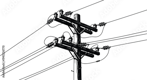 Electric utility pole with overhead power lines, electricity distribution infrastructure, high voltage cables and insulators, electrical grid connection silhouette vector illustration
