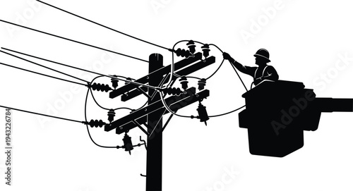 Electric utility worker repairing overhead power lines on utility pole, electrical lineman in bucket truck maintaining electricity distribution network silhouette vector illustration