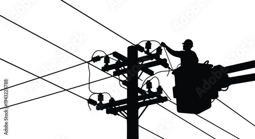 Electric utility worker repairing power line on utility pole, electrical maintenance technician in bucket truck, electricity distribution network service silhouette vector illustration