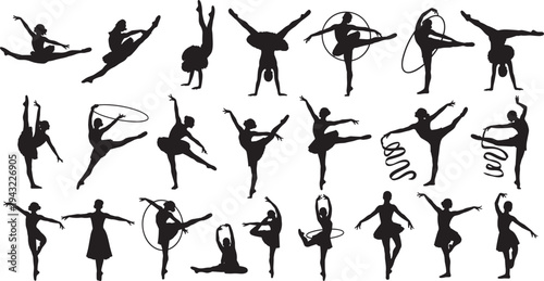 Large collection of black silhouettes featuring female rhythmic gymnasts and ballet dancers with hoops and ribbons, artistic sports poses and graceful movements isolated on white