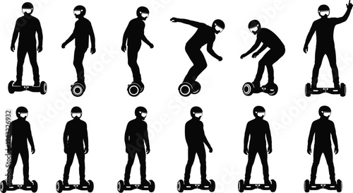Hoverboard rider silhouette set, self balancing electric scooter poses, personal mobility device users collection, urban smart transport vector illustration
