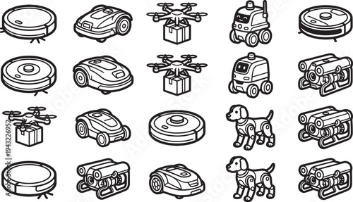 A monochrome illustration showing various robots and delivery drone symbols, showcasing technological innovations in a clean, uncluttered layout.