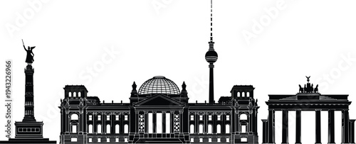 Berlin city skyline silhouette with Brandenburg Gate, Reichstag building, Victory Column and TV Tower, Germany famous landmarks vector illustration isolated