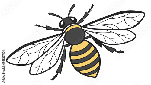 Vector illustration of cartoon bee illustration with black and yellow stripes on white background