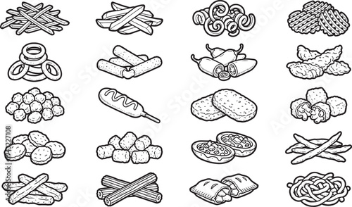 An assortment of delicious fast food items arranged in a graphic display. This grayscale composition presents a mouthwatering array of treats.