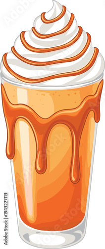 Caramel milkshake dessert drink illustration, creamy whipped cream topping with dripping caramel sauce in tall glass, sweet beverage vector isolated