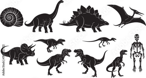 Prehistoric dinosaur silhouettes collection, tyrannosaurus stegosaurus triceratops pterodactyl ammonite fossil skeleton icons, jurassic animals black shapes isolated vector illustration set