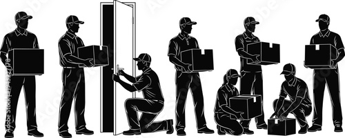 Courier delivery workers carrying packages at house door, doorstep parcel service and home delivery logistics team illustration concept