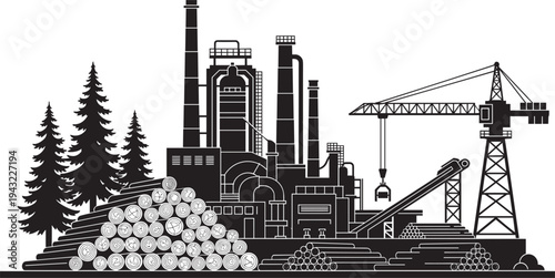 Lumber processing facility vector illustration, paper mill with chimneys, crane lifting logs, conveyor belt system, industrial buildings, timber stacks, forestry, black and white silhouette artwork